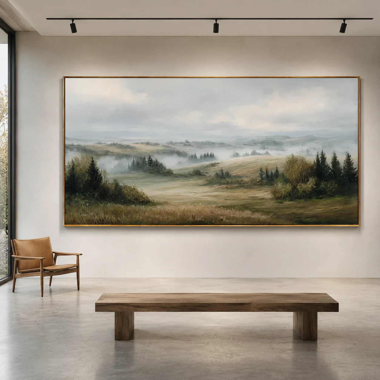 Misty Countryside Landscape Painting – Panoramic Neutral Nature Wall Art#OA 0899