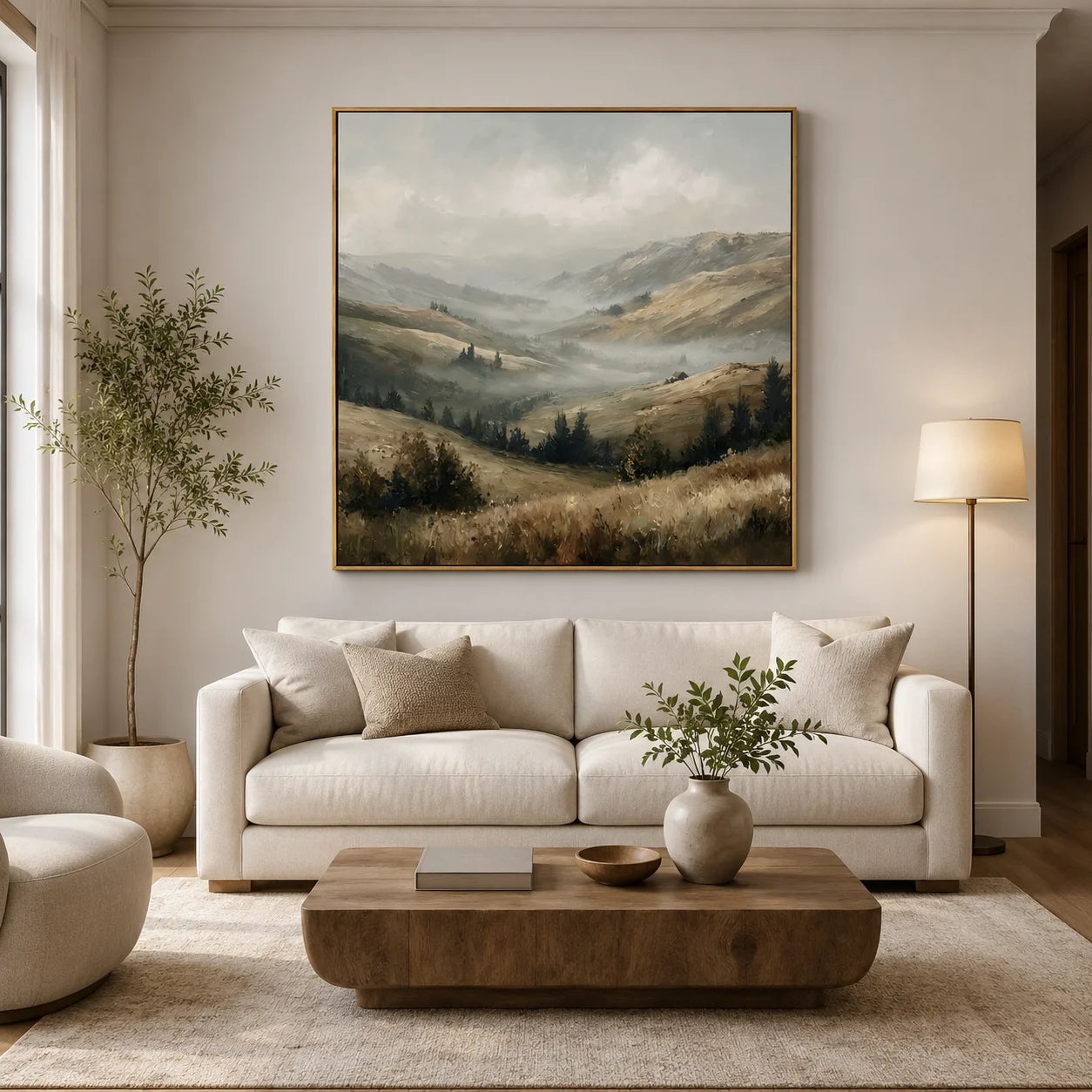 Misty Mountain Valley Landscape Painting – Neutral Rustic Wall Art#OA 0898