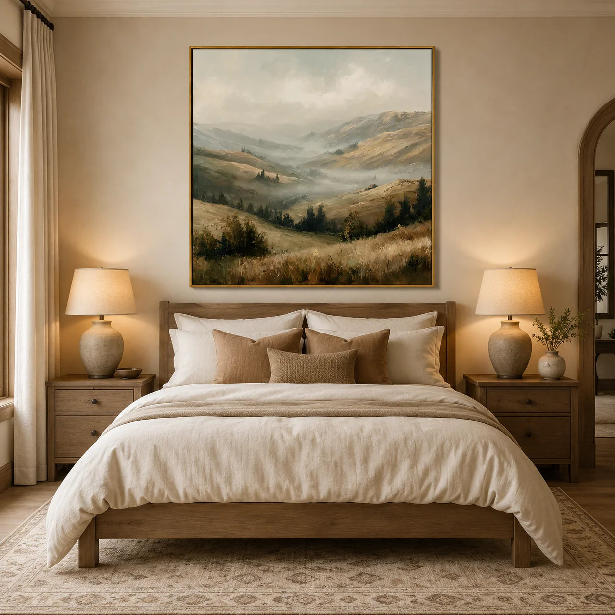 Misty Mountain Valley Landscape Painting – Neutral Rustic Wall Art#OA 0898