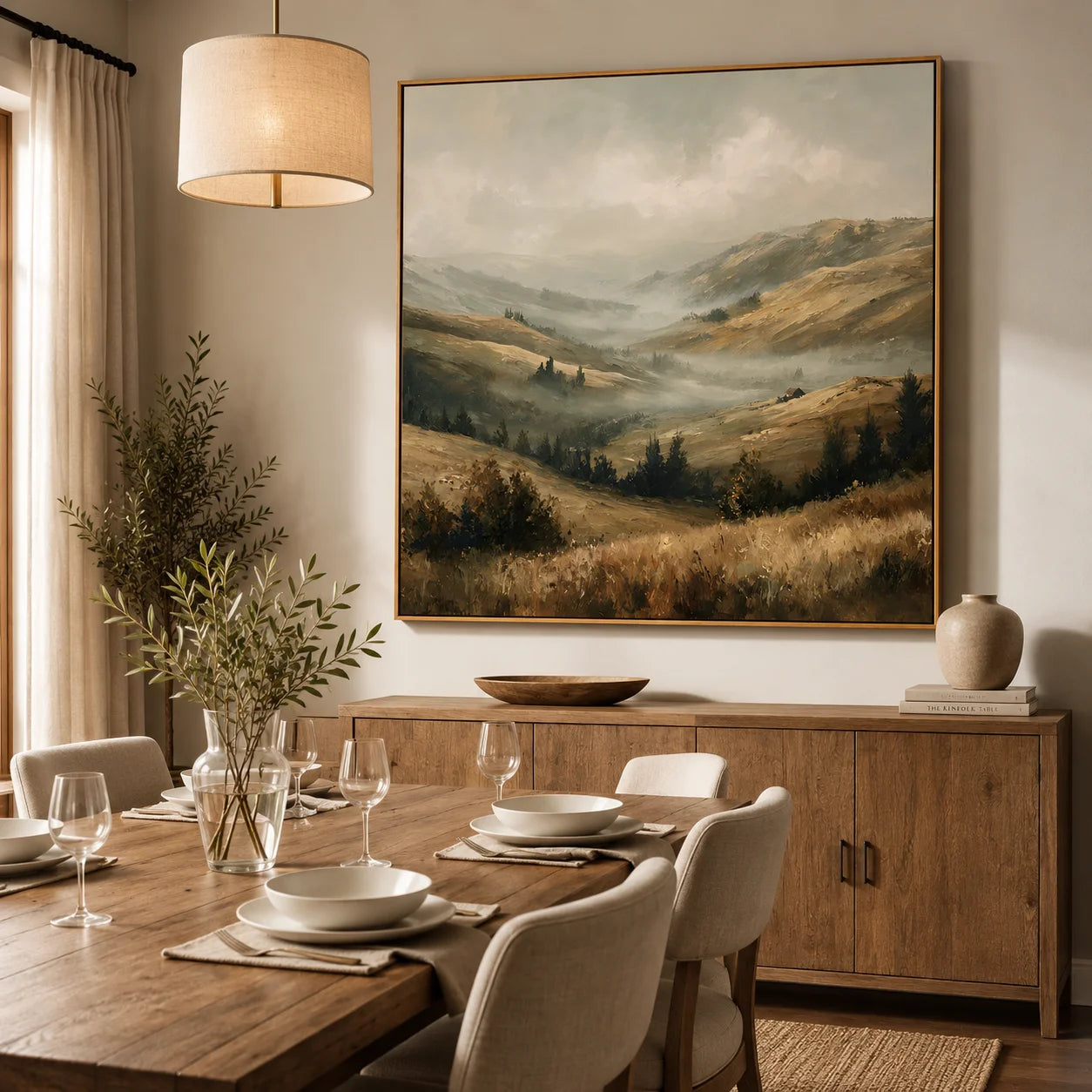 Misty Mountain Valley Landscape Painting – Neutral Rustic Wall Art#OA 0898