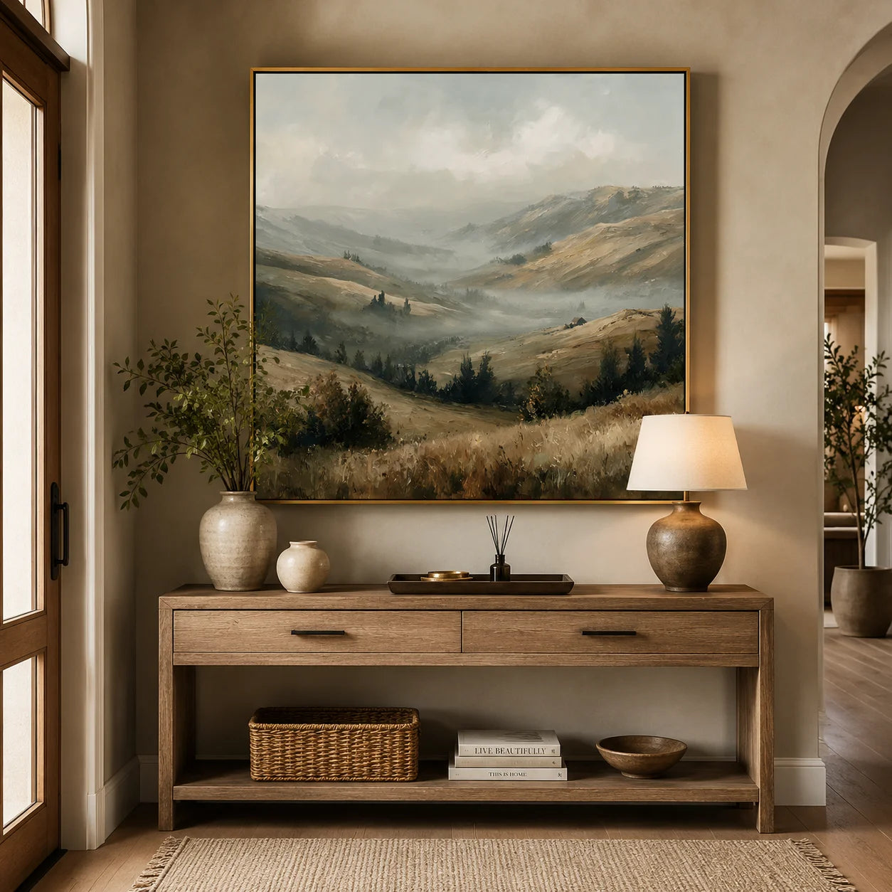 Misty Mountain Valley Landscape Painting – Neutral Rustic Wall Art#OA 0898