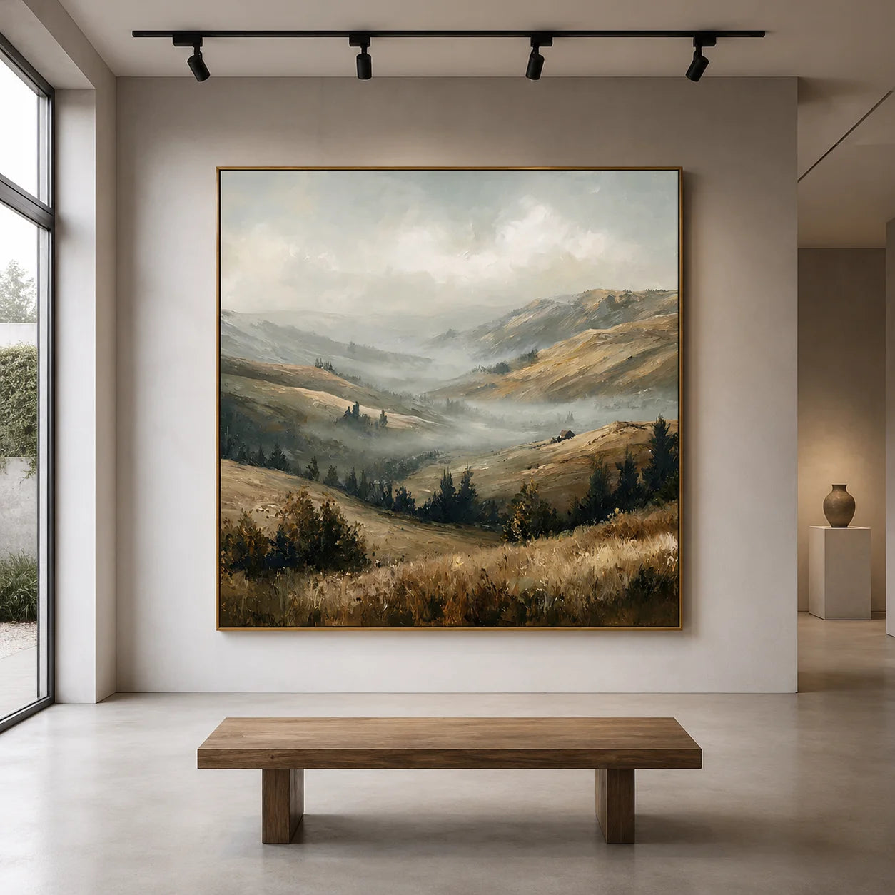 Misty Mountain Valley Landscape Painting – Neutral Rustic Wall Art#OA 0898