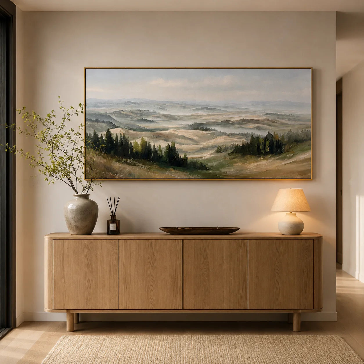 Misty Rolling Hills Landscape Painting – Panoramic Neutral Nature Wall Art#OA 0895