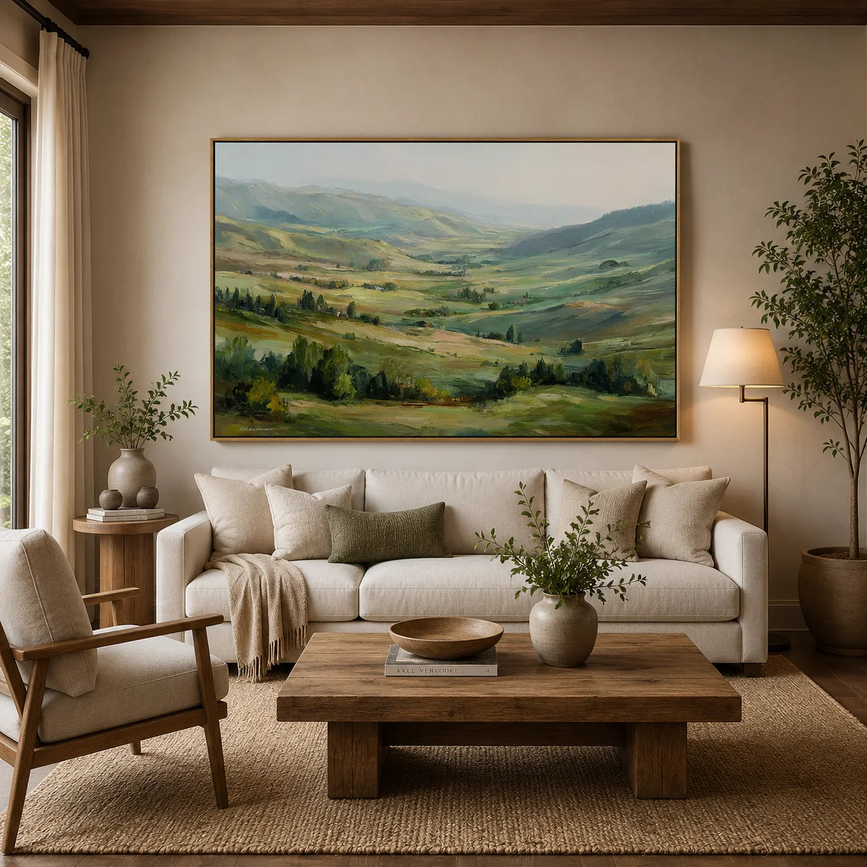 Large Rolling Hills Landscape Oil Painting – Scenic Green Valley Canvas Wall Art#OA 0893