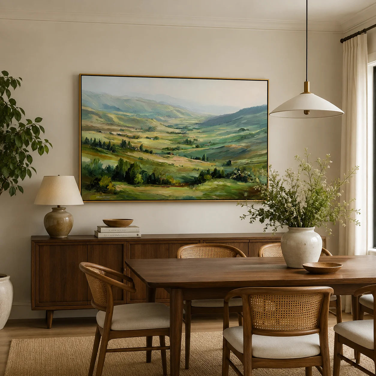 Large Rolling Hills Landscape Oil Painting – Scenic Green Valley Canvas Wall Art#OA 0893
