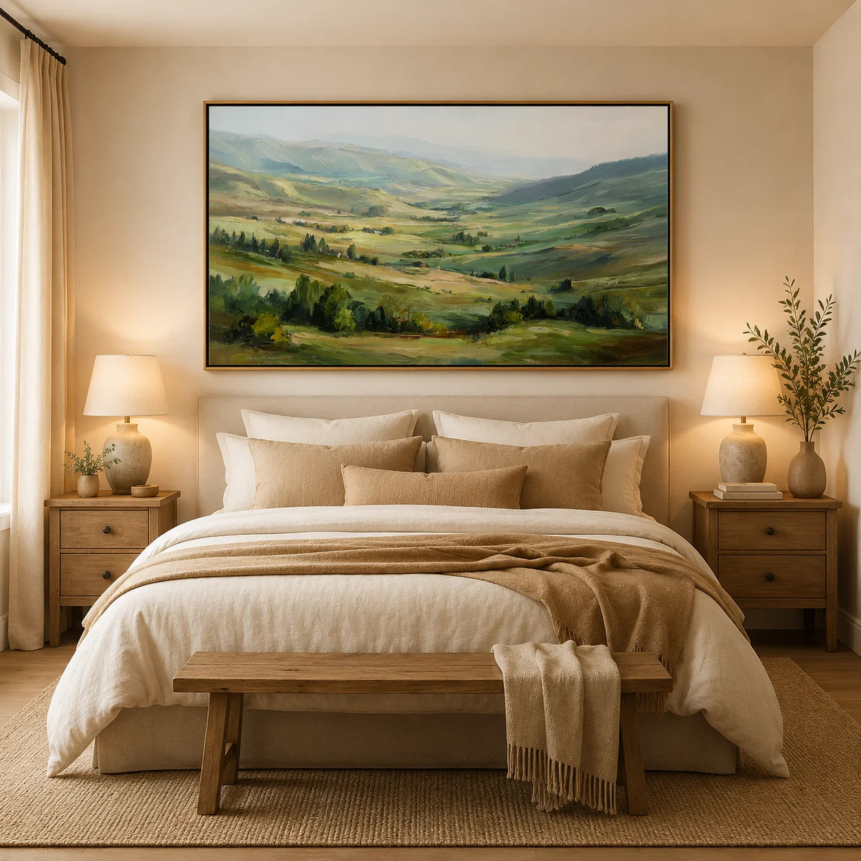 Large Rolling Hills Landscape Oil Painting – Scenic Green Valley Canvas Wall Art#OA 0893