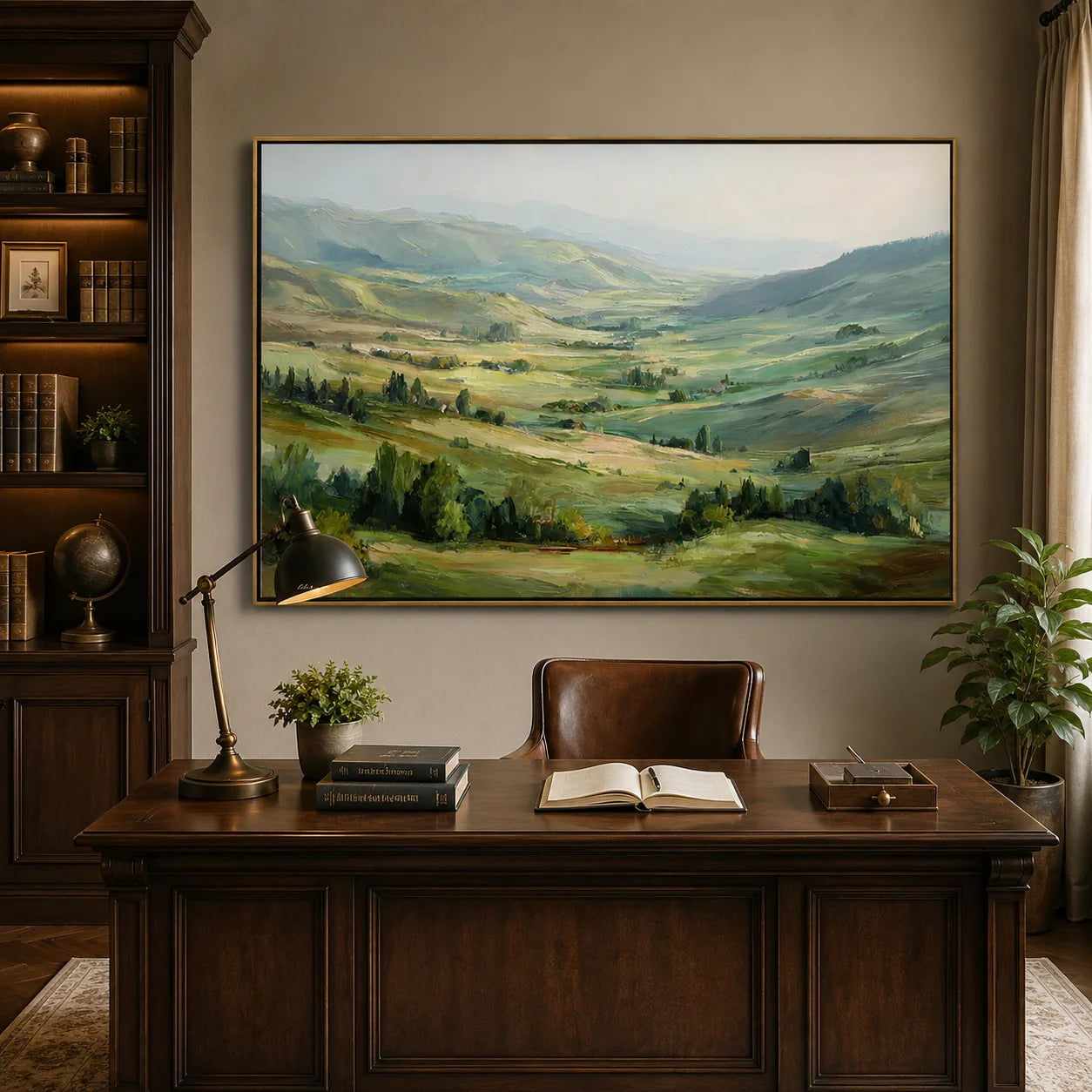 Large Rolling Hills Landscape Oil Painting – Scenic Green Valley Canvas Wall Art#OA 0893