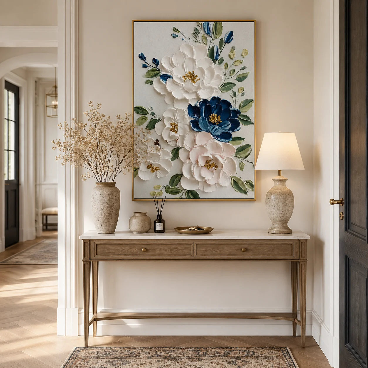 White and Blue Floral Oil Painting, Textured Flower Wall Art for Living Room Decor#OA 0526