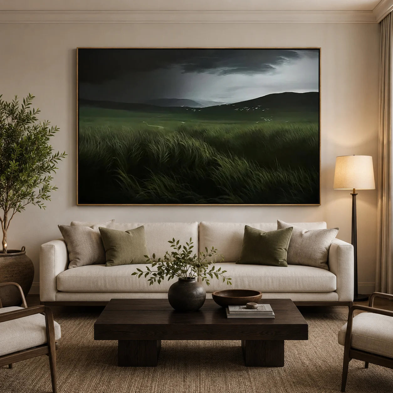 Hand-Painted Moody Landscape Oil Painting | Dark Green Meadow Wall Art for Modern Living Room Decor OA#0909
