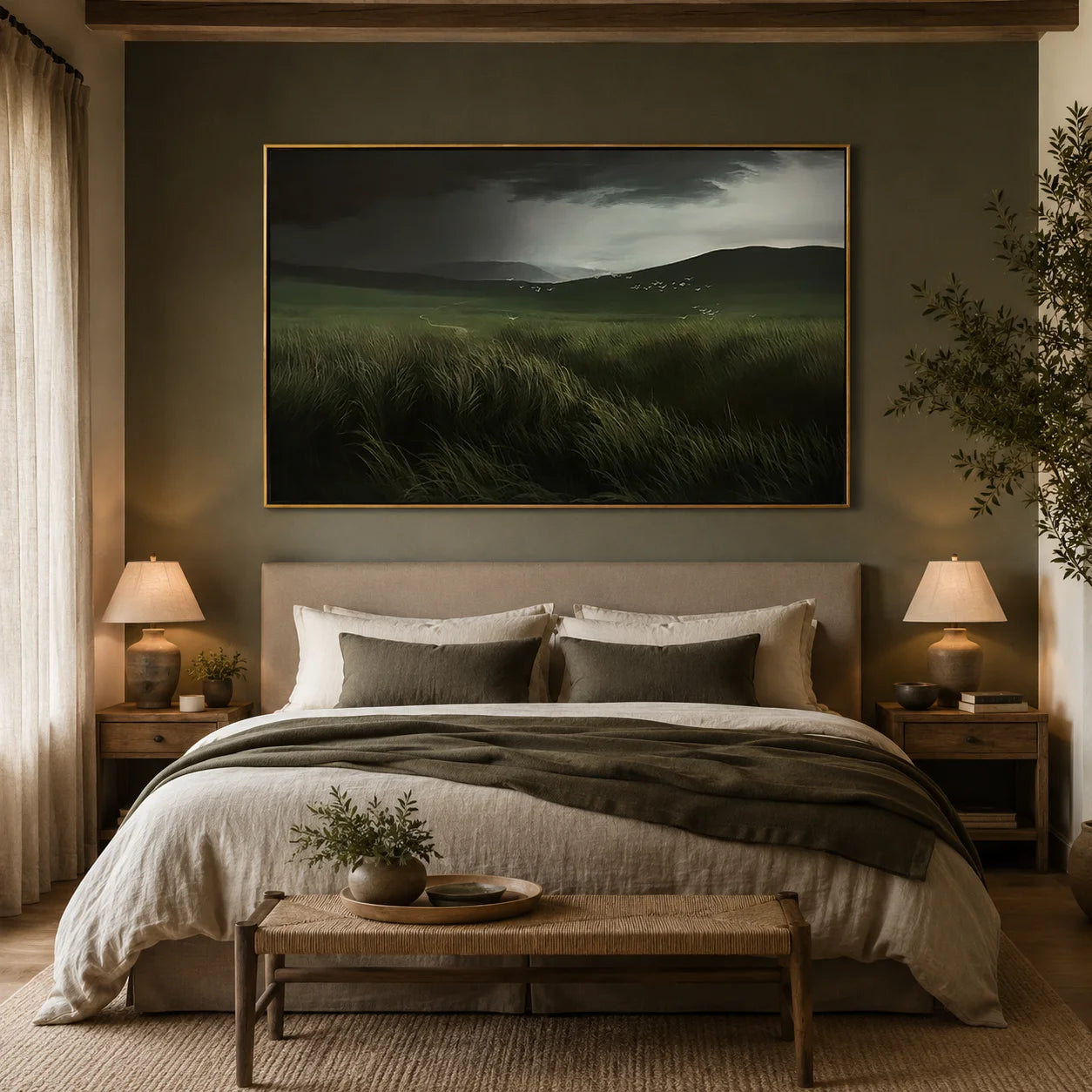 Hand-Painted Moody Landscape Oil Painting | Dark Green Meadow Wall Art for Modern Living Room Decor OA#0909