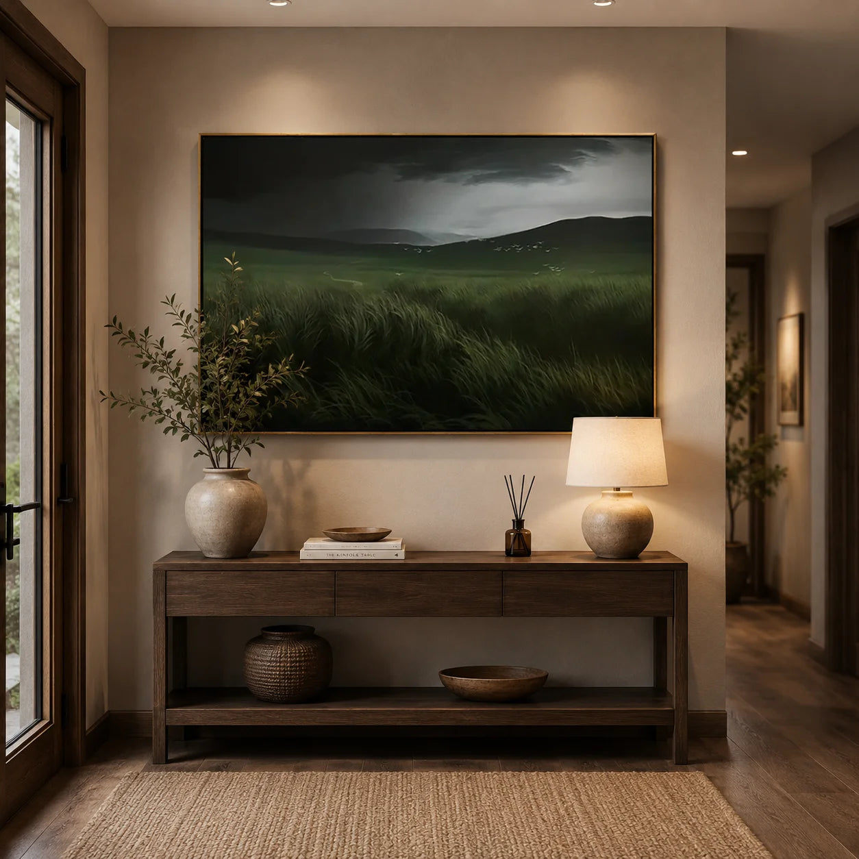 Hand-Painted Moody Landscape Oil Painting | Dark Green Meadow Wall Art for Modern Living Room Decor OA#0909