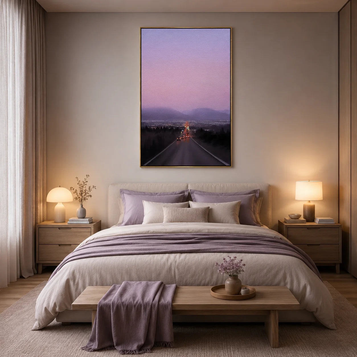 Twilight City Road Wall Art, Scenic Highway Leading to City Lights Canvas Painting for Living Room Decor #OA 0740