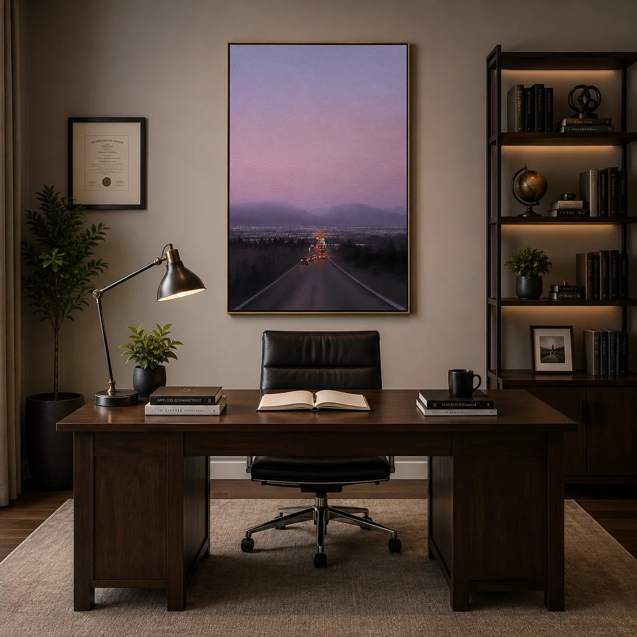 Twilight City Road Wall Art, Scenic Highway Leading to City Lights Canvas Painting for Living Room Decor #OA 0740