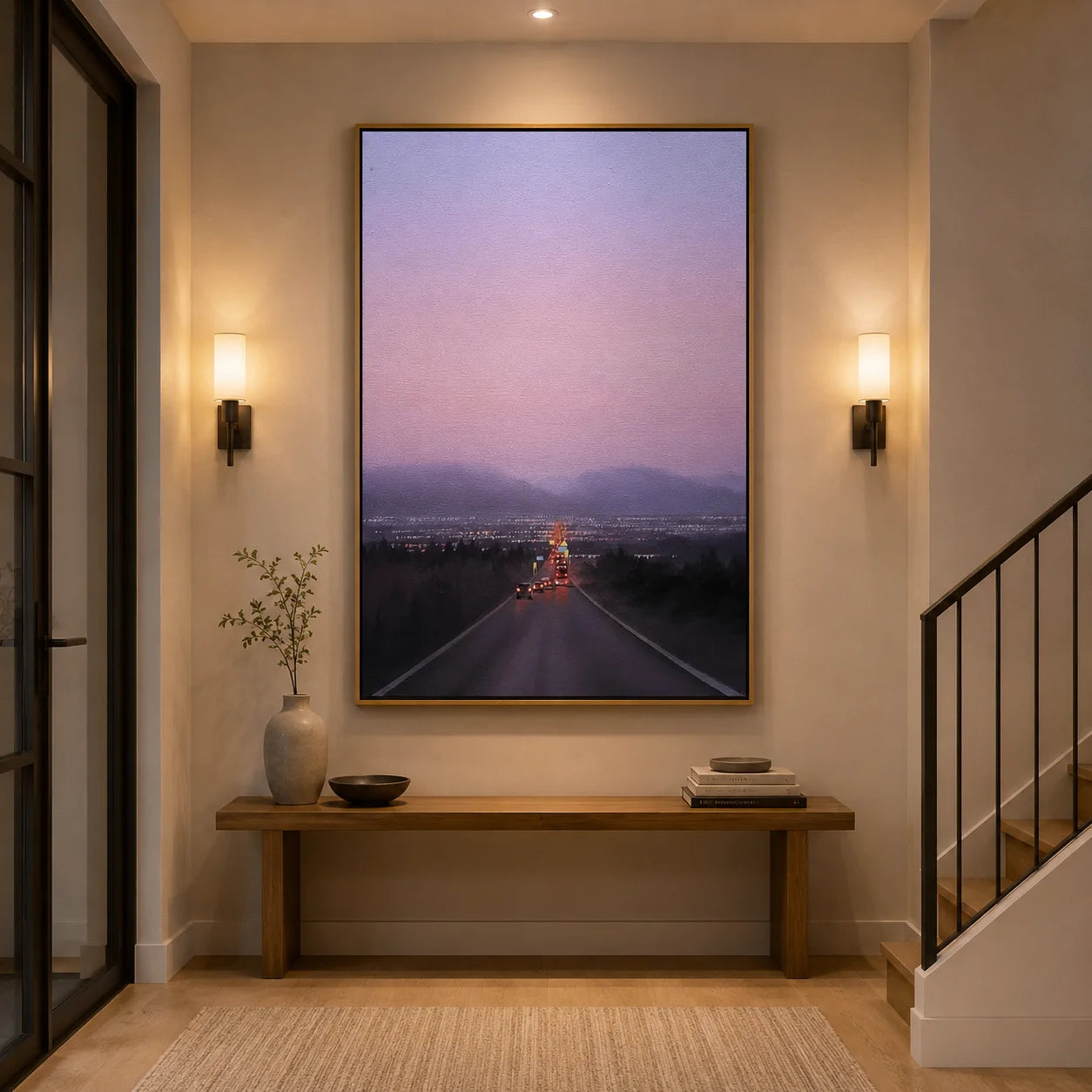 Twilight City Road Wall Art, Scenic Highway Leading to City Lights Canvas Painting for Living Room Decor #OA 0740