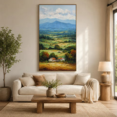 Vertical Countryside Landscape Oil Painting – Rustic Mountain Valley Canvas Wall Art#OA 0891