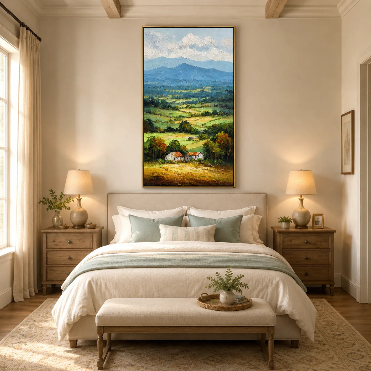 Vertical Countryside Landscape Oil Painting – Rustic Mountain Valley Canvas Wall Art#OA 0891