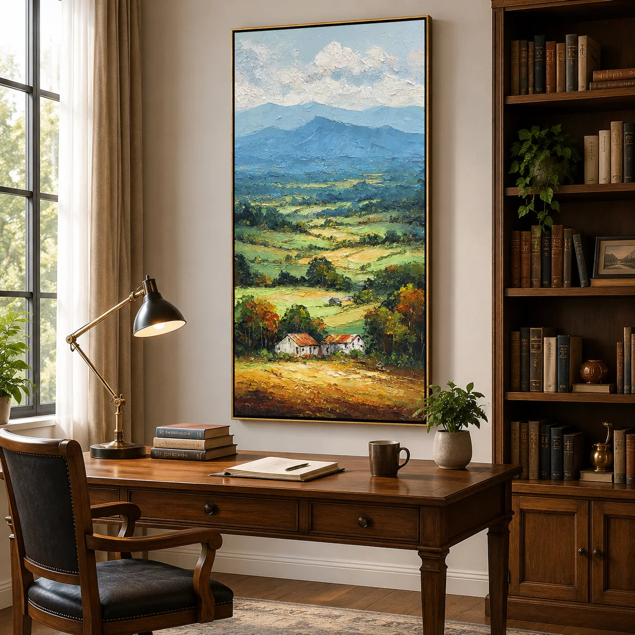 Vertical Countryside Landscape Oil Painting – Rustic Mountain Valley Canvas Wall Art#OA 0891