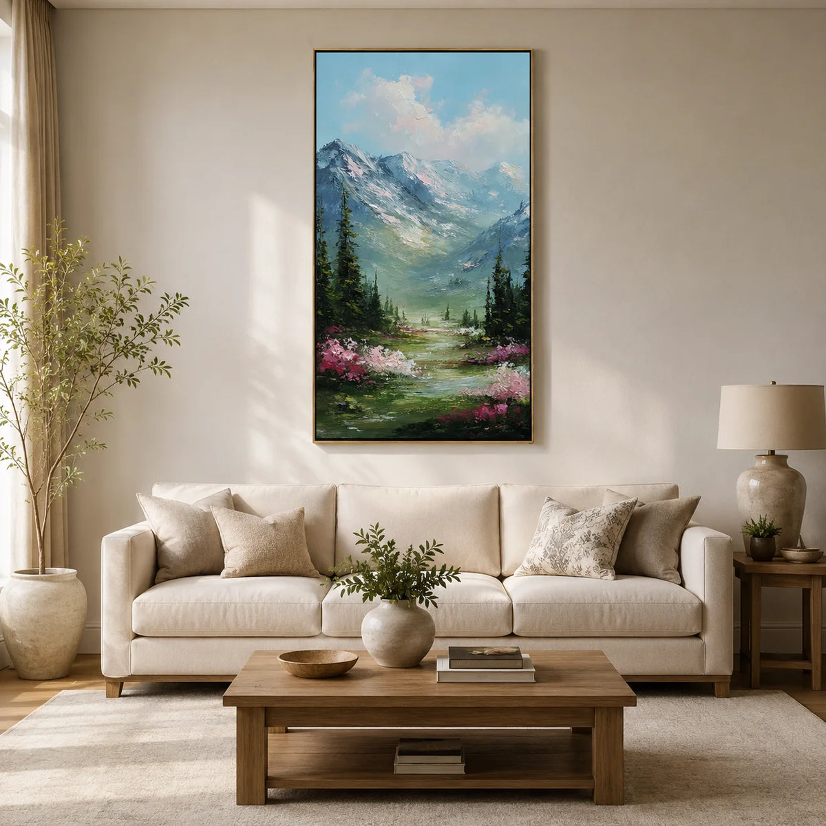 Vertical Mountain Landscape Oil Painting – Scenic Forest Valley Canvas Wall Art#OA 0890