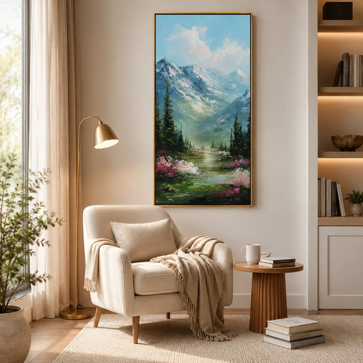 Vertical Mountain Landscape Oil Painting – Scenic Forest Valley Canvas Wall Art#OA 0890