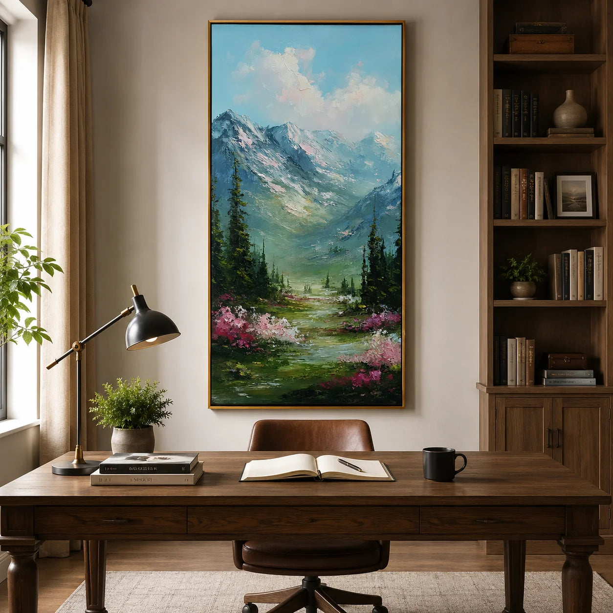 Vertical Mountain Landscape Oil Painting – Scenic Forest Valley Canvas Wall Art#OA 0890