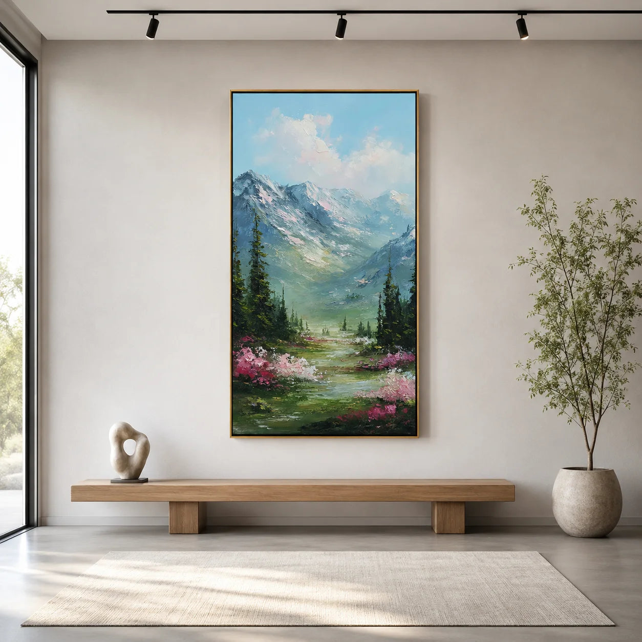Vertical Mountain Landscape Oil Painting – Scenic Forest Valley Canvas Wall Art#OA 0890