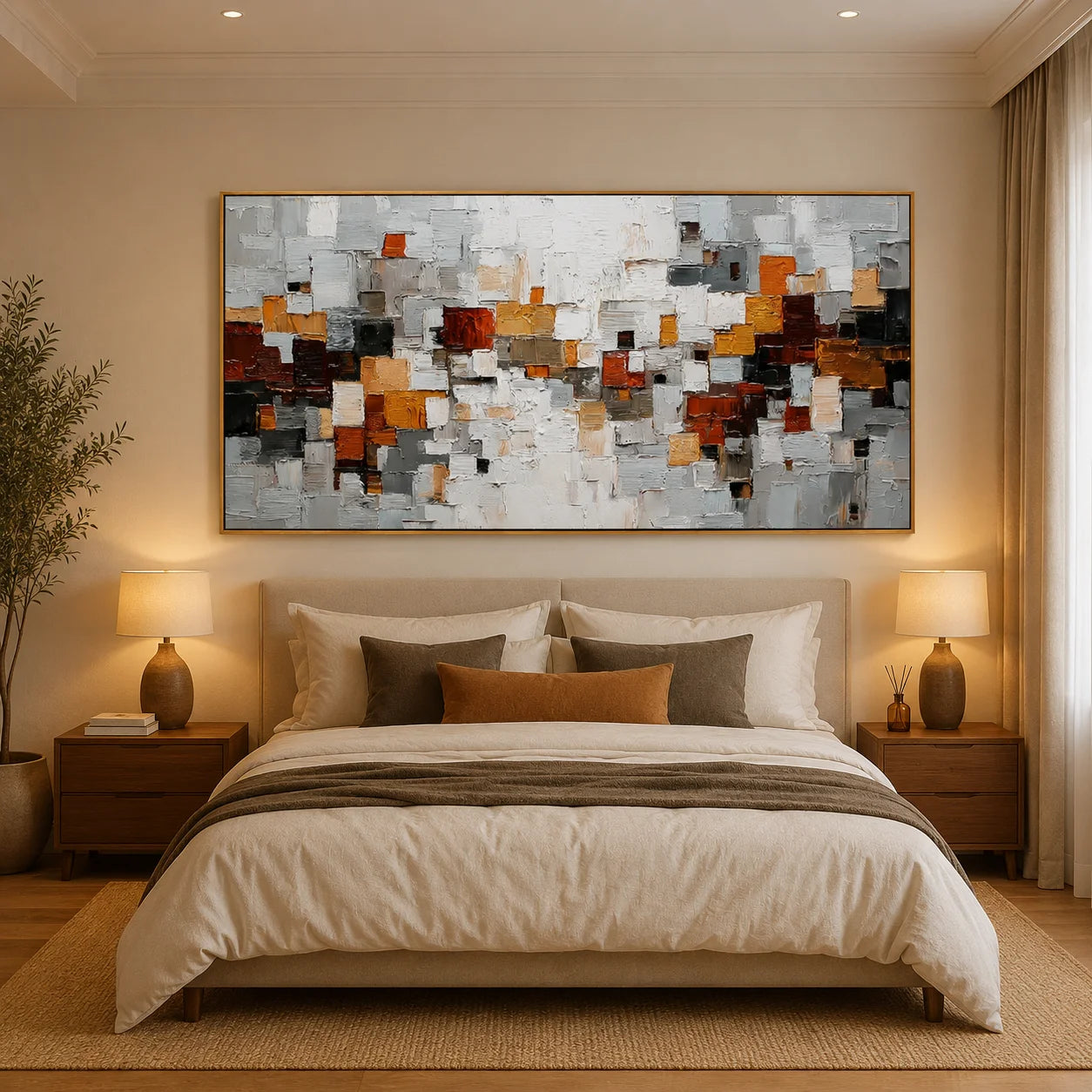 Modern Geometric Abstract Oil Painting – Gray Orange Textured Wall Art#OA 0902
