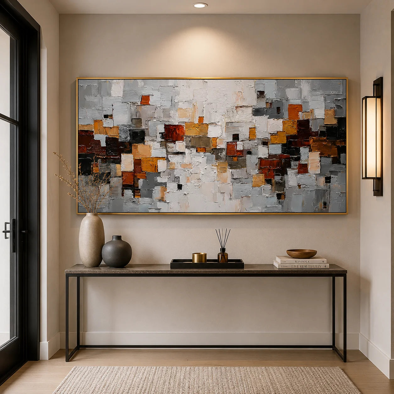 Modern Geometric Abstract Oil Painting – Gray Orange Textured Wall Art#OA 0902