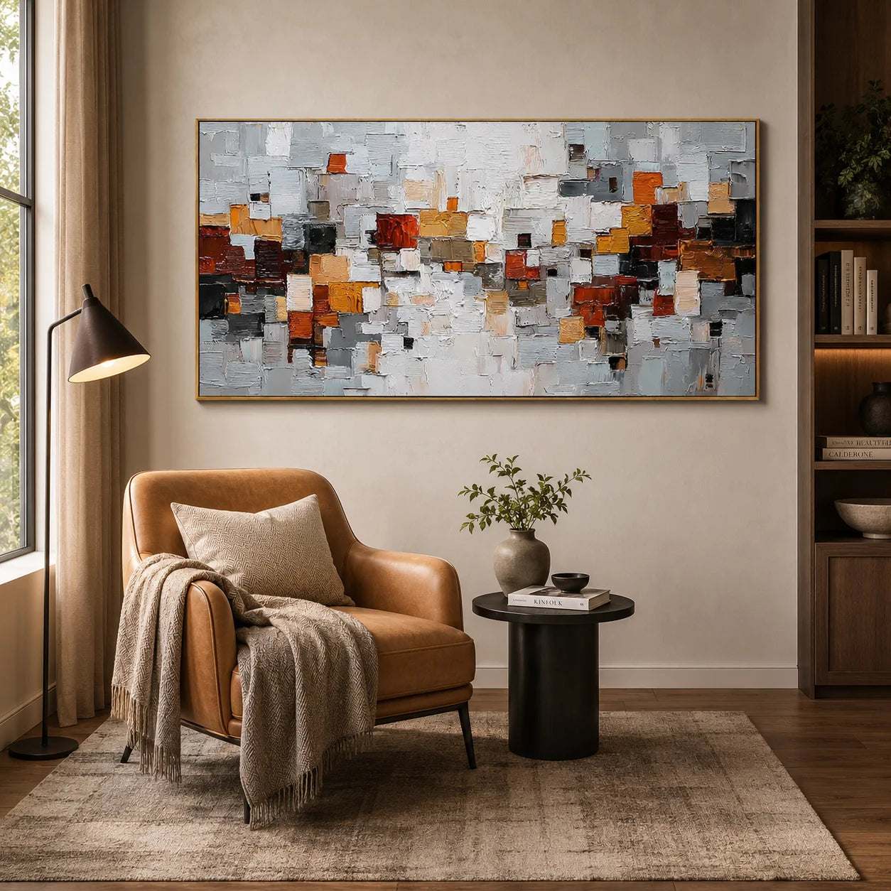 Modern Geometric Abstract Oil Painting – Gray Orange Textured Wall Art#OA 0902