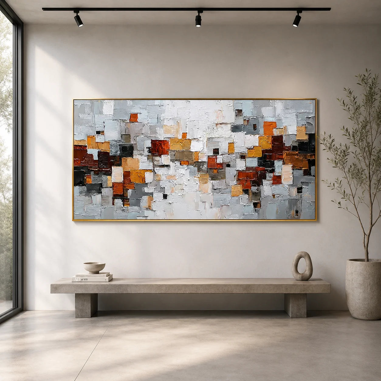Modern Geometric Abstract Oil Painting – Gray Orange Textured Wall Art#OA 0902