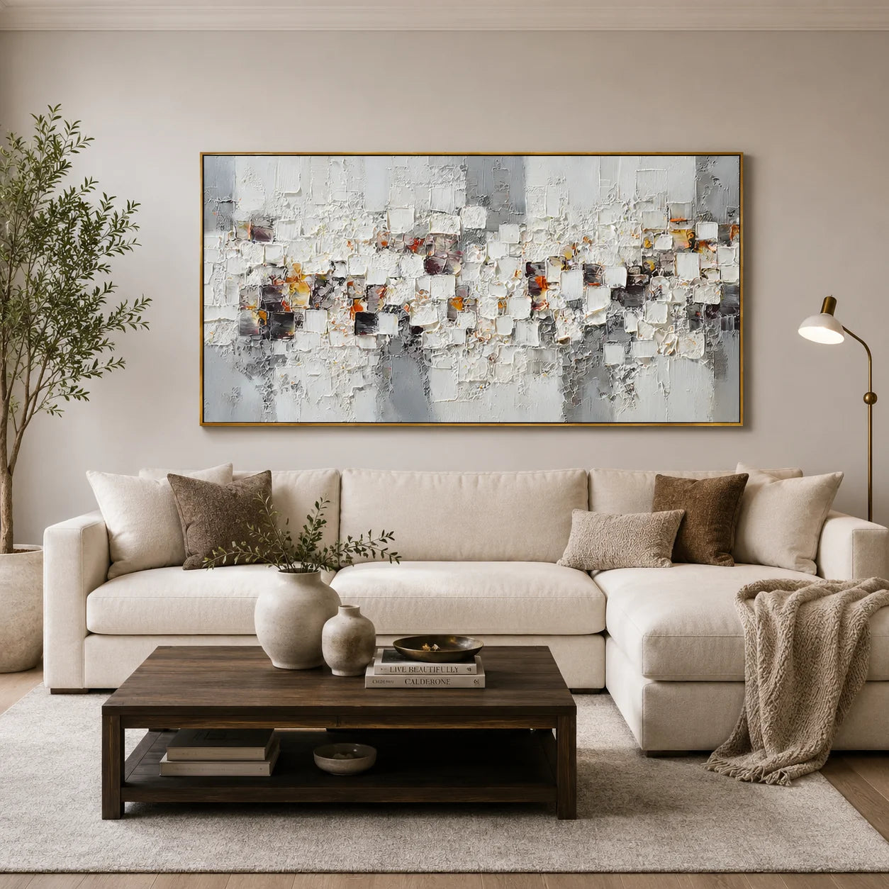Modern Abstract Geometric Canvas Wall Art – Textured Neutral Painting for Living Room Decor#OA 0853