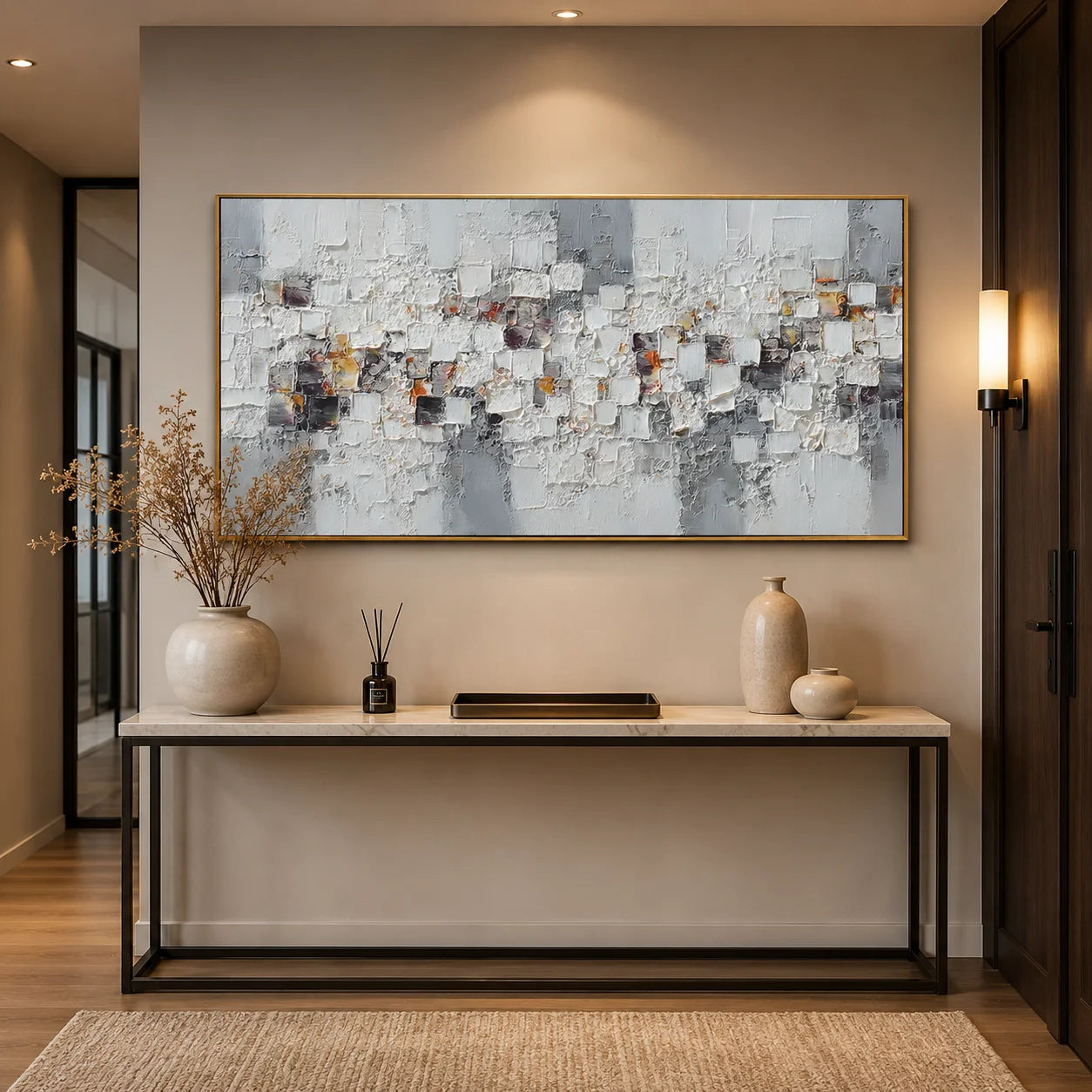 Modern Abstract Geometric Canvas Wall Art – Textured Neutral Painting for Living Room Decor#OA 0853