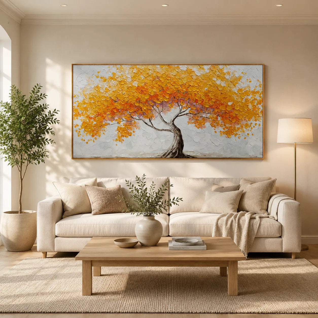 Golden Tree of Life Canvas Wall Art – Textured Abstract Landscape Painting for Living Room Decor#OA 0854