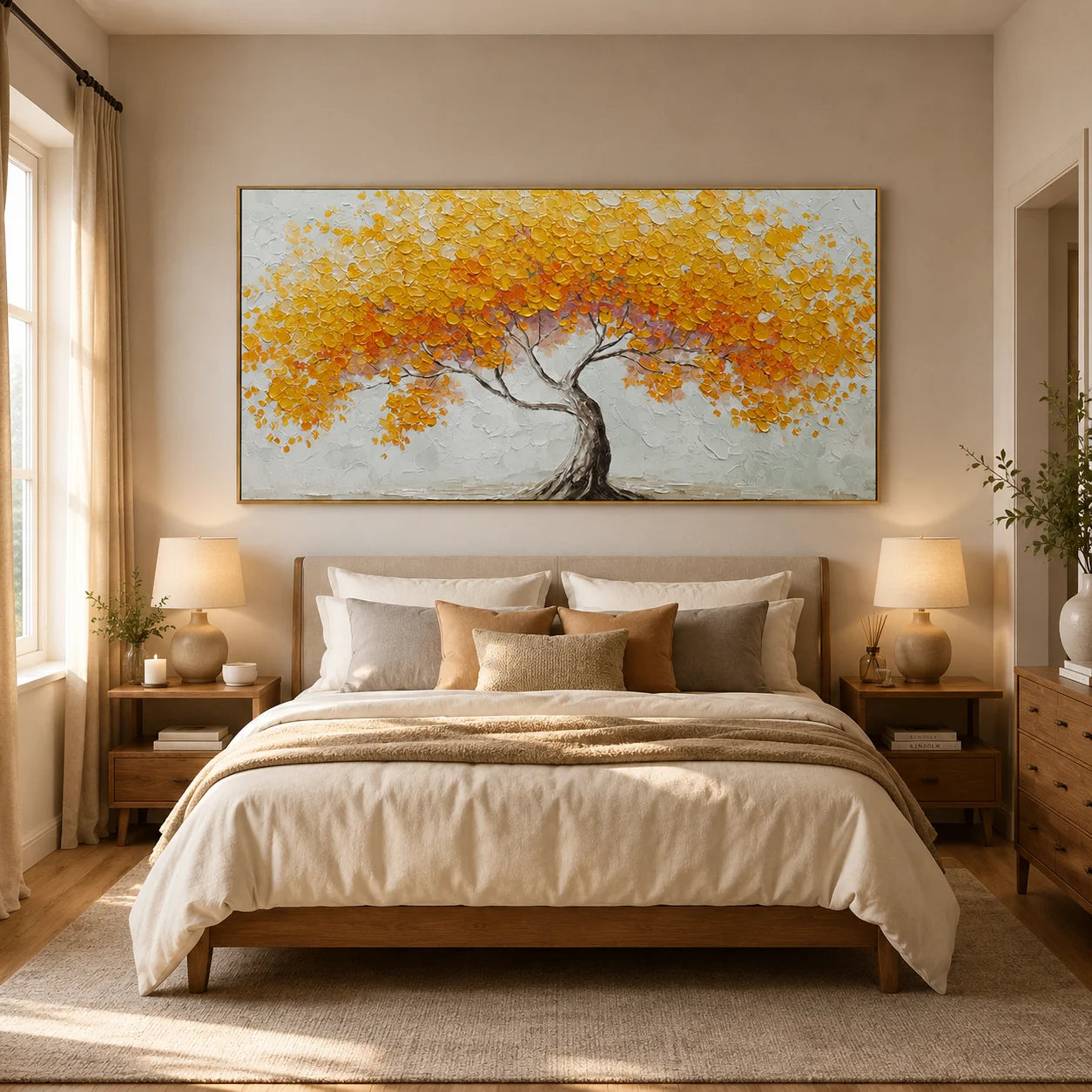 Golden Tree of Life Canvas Wall Art – Textured Abstract Landscape Painting for Living Room Decor#OA 0854