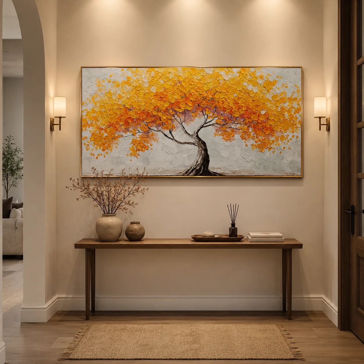 Golden Tree of Life Canvas Wall Art – Textured Abstract Landscape Painting for Living Room Decor#OA 0854