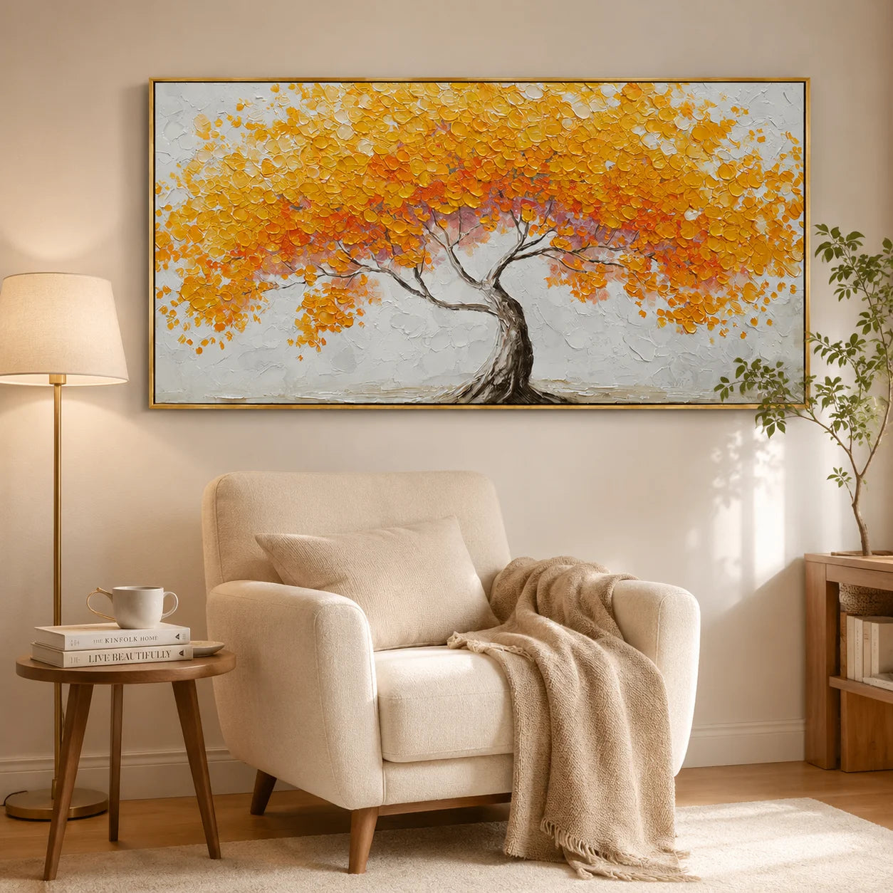 Golden Tree of Life Canvas Wall Art – Textured Abstract Landscape Painting for Living Room Decor#OA 0854