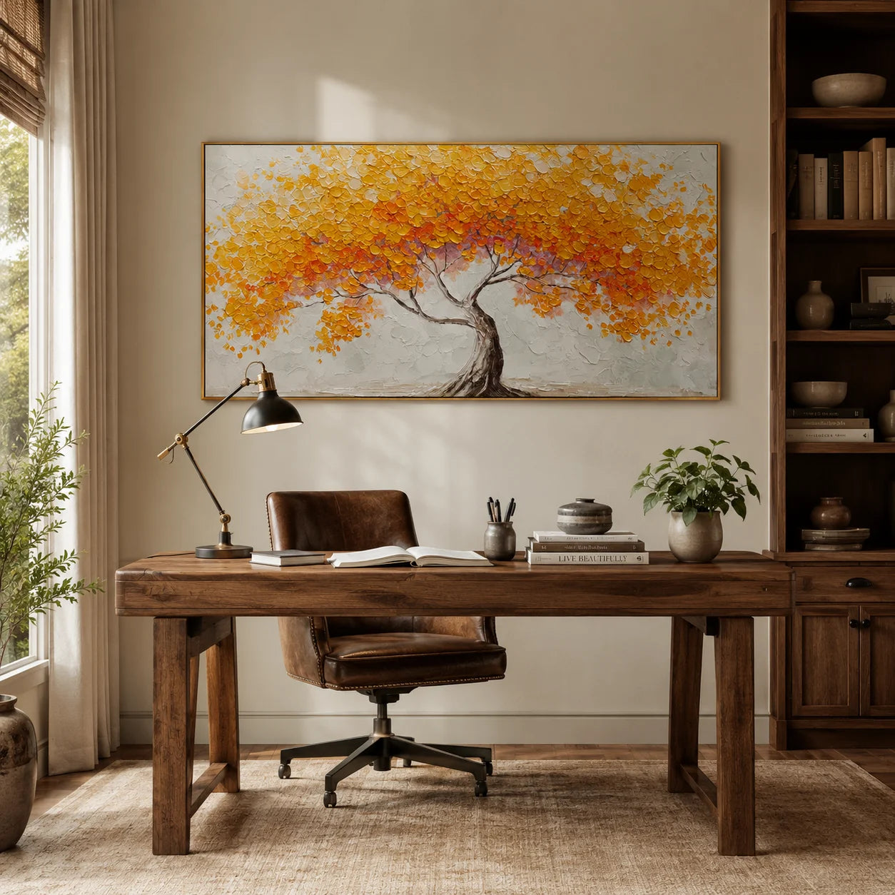 Golden Tree of Life Canvas Wall Art – Textured Abstract Landscape Painting for Living Room Decor#OA 0854