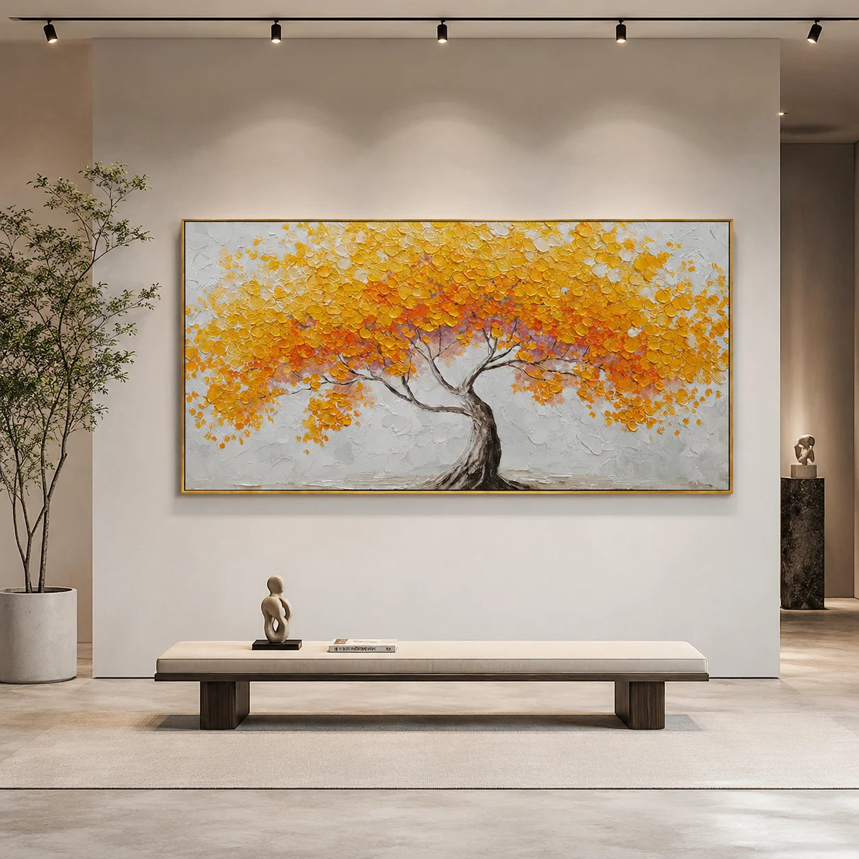 Golden Tree of Life Canvas Wall Art – Textured Abstract Landscape Painting for Living Room Decor#OA 0854