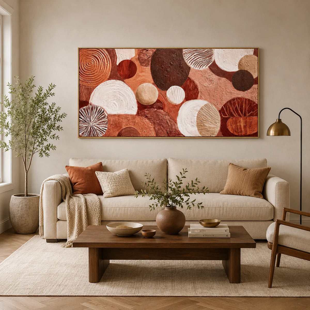 Large Abstract Circle Canvas Wall Art – Boho Earth Tone Textured Painting for Modern Living Room Decor#OA 0837