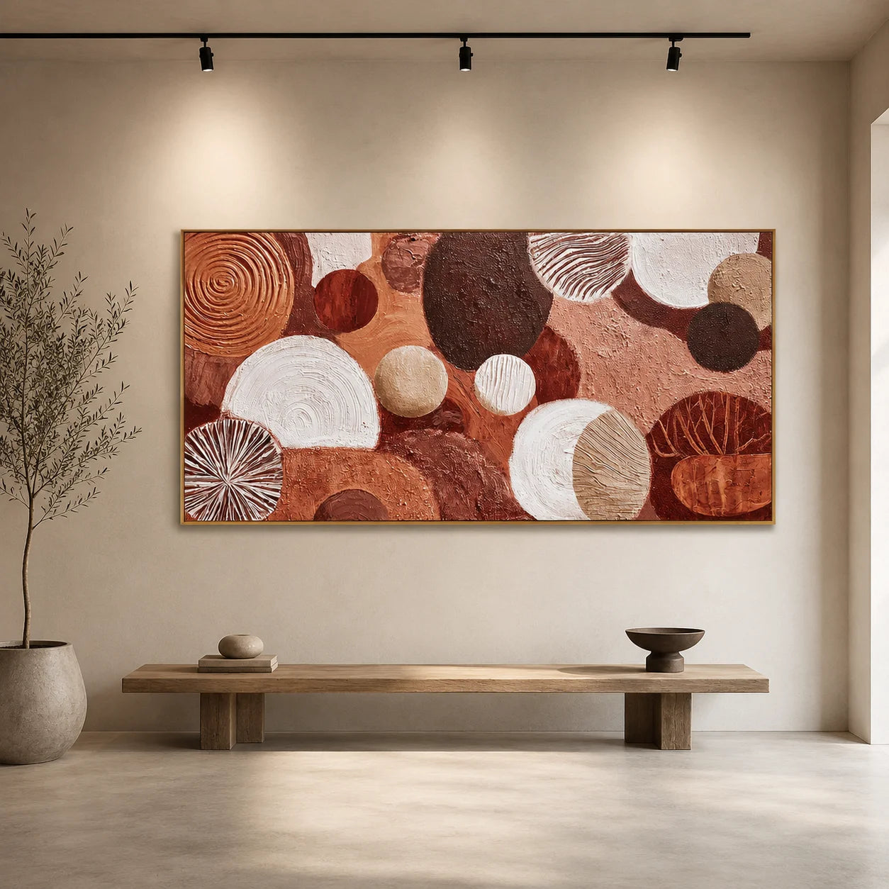 Large Abstract Circle Canvas Wall Art – Boho Earth Tone Textured Painting for Modern Living Room Decor#OA 0837