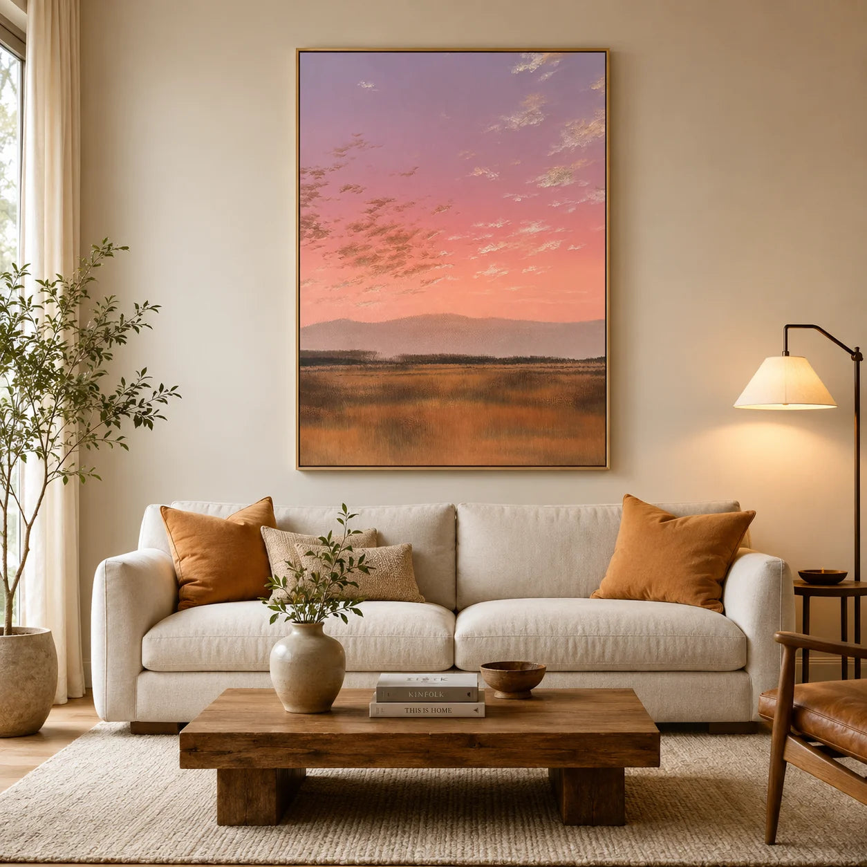 Pink Sunset Meadow Wall Art, Pastel Landscape Canvas Painting with Distant Mountains for Living Room Decor #OA 0780