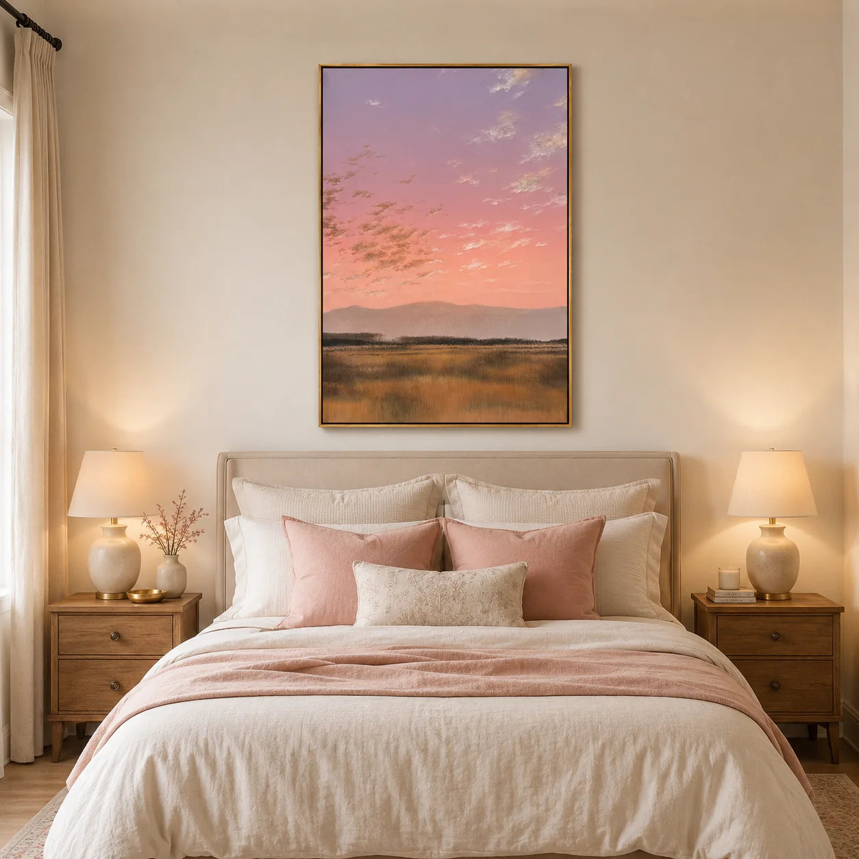Pink Sunset Meadow Wall Art, Pastel Landscape Canvas Painting with Distant Mountains for Living Room Decor #OA 0780