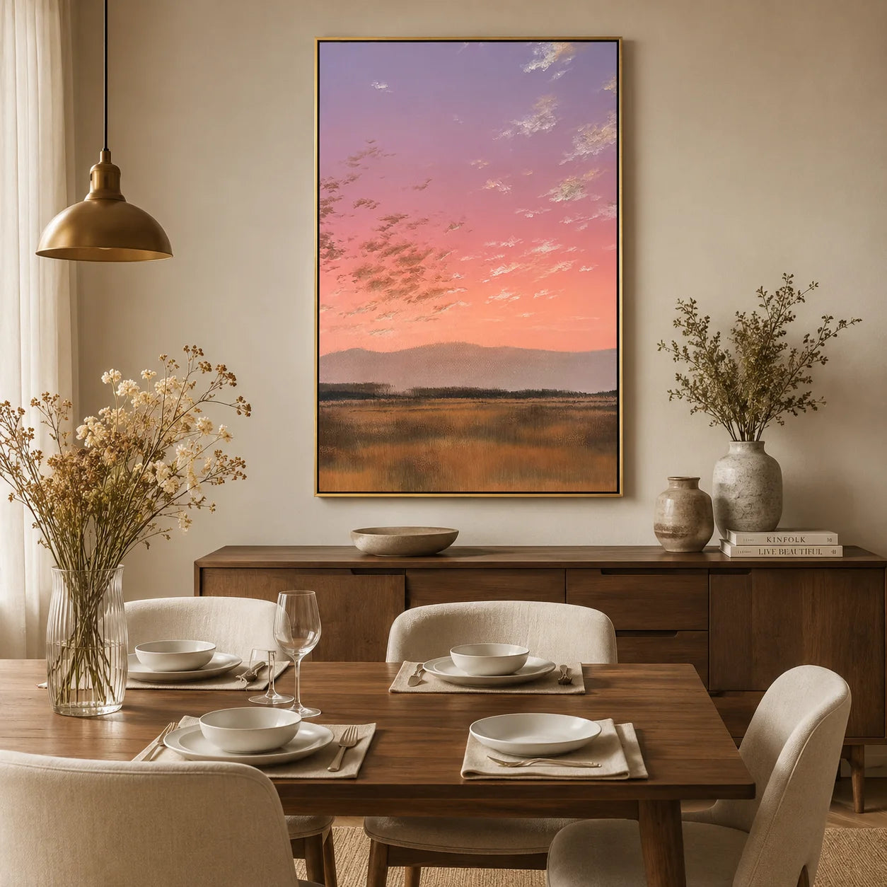 Pink Sunset Meadow Wall Art, Pastel Landscape Canvas Painting with Distant Mountains for Living Room Decor #OA 0780