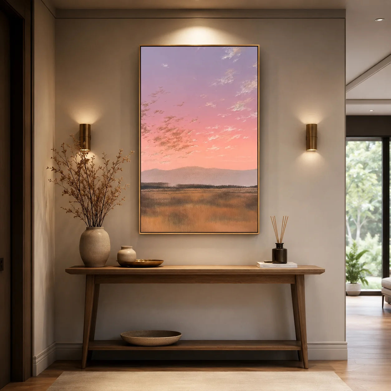 Pink Sunset Meadow Wall Art, Pastel Landscape Canvas Painting with Distant Mountains for Living Room Decor #OA 0780