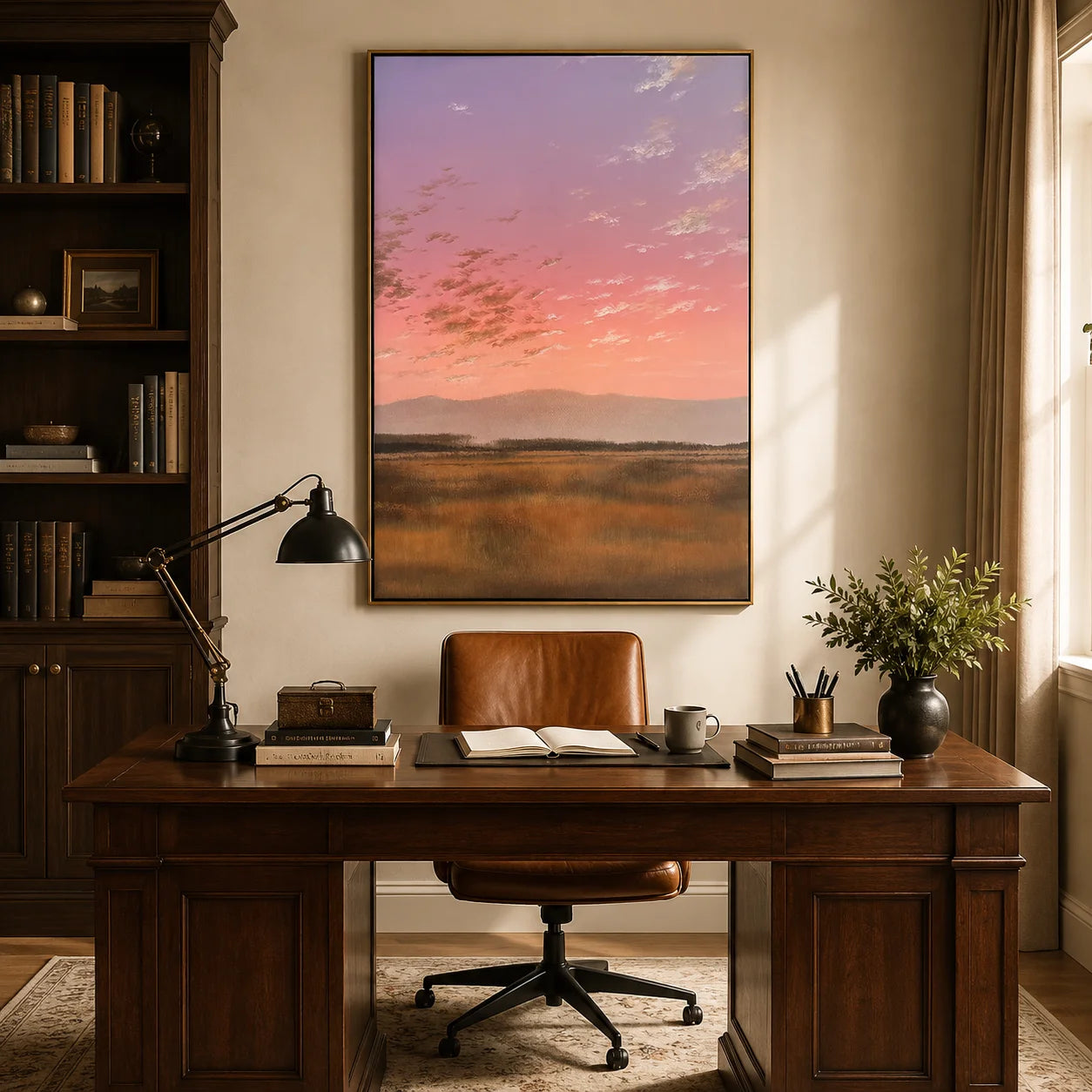 Pink Sunset Meadow Wall Art, Pastel Landscape Canvas Painting with Distant Mountains for Living Room Decor #OA 0780