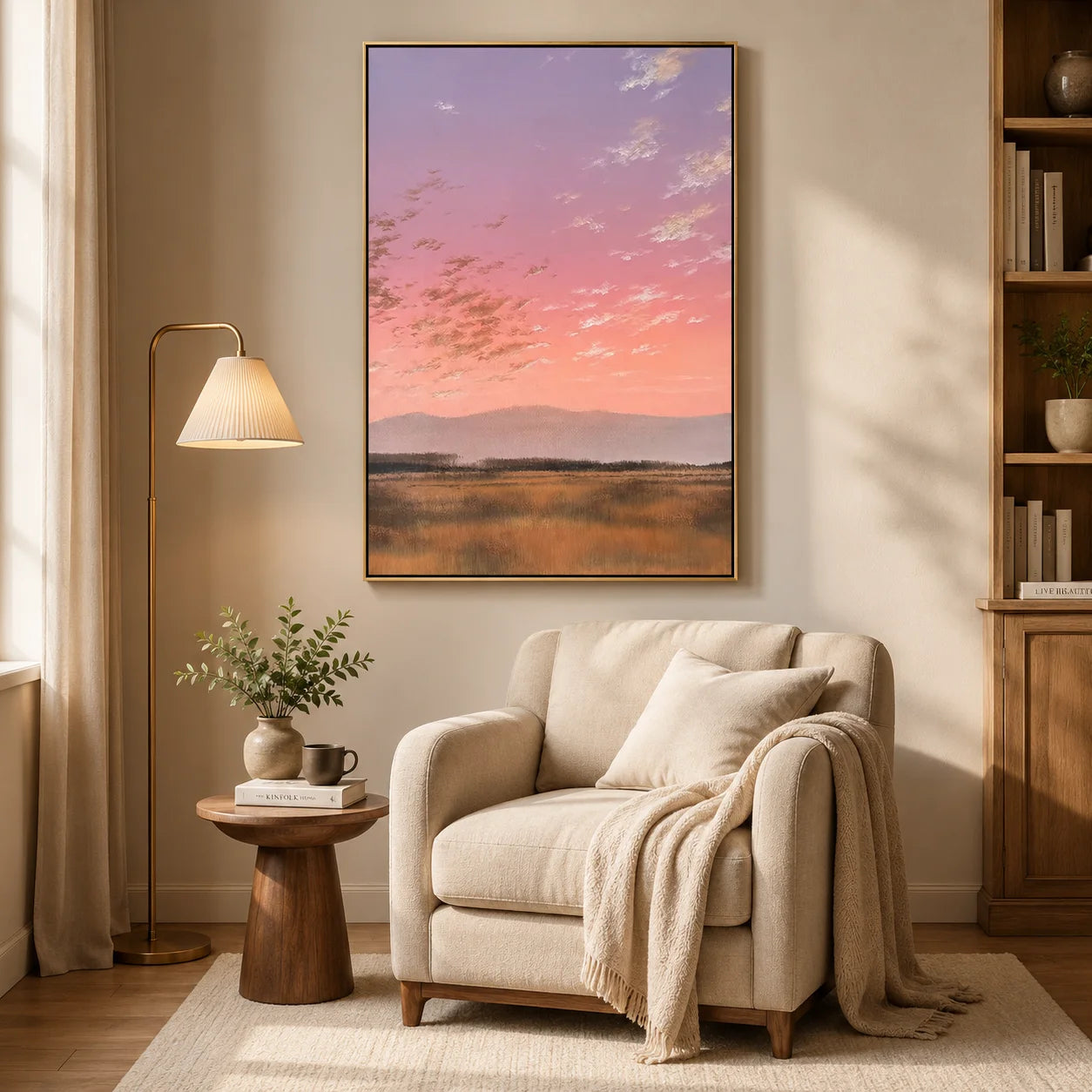 Pink Sunset Meadow Wall Art, Pastel Landscape Canvas Painting with Distant Mountains for Living Room Decor #OA 0780