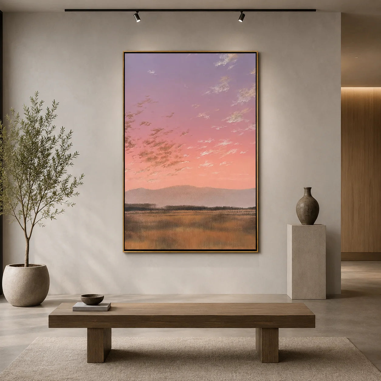 Pink Sunset Meadow Wall Art, Pastel Landscape Canvas Painting with Distant Mountains for Living Room Decor #OA 0780