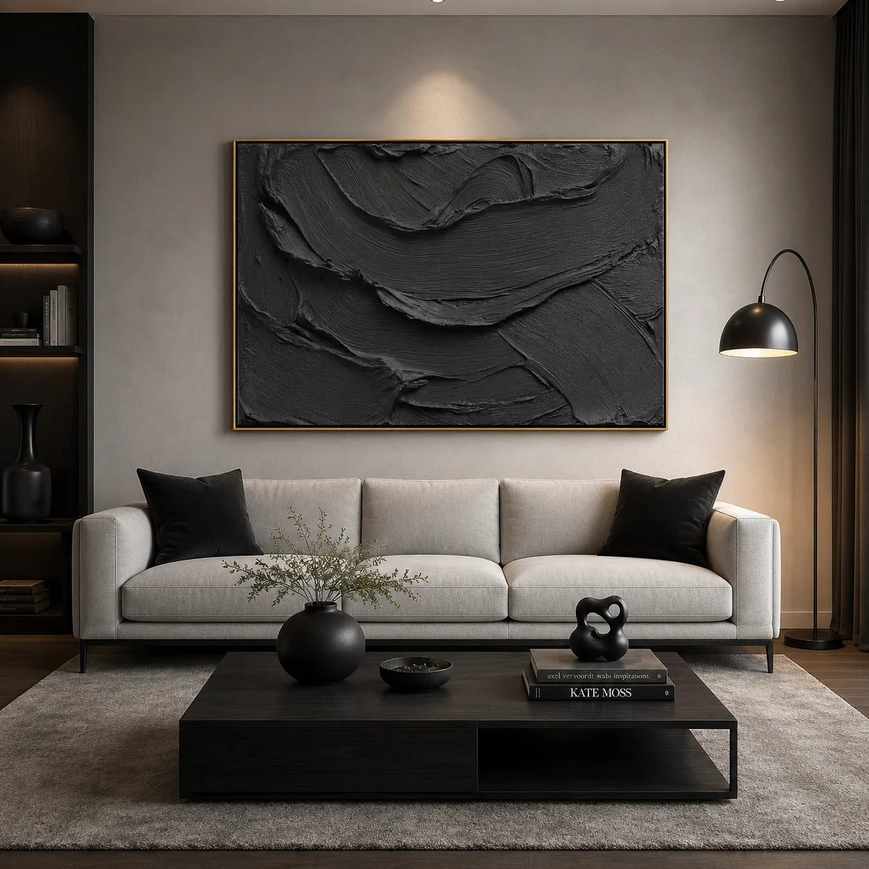 Black Textured Abstract Wall Art – Modern Minimalist Impasto Canvas Painting for Living Room Decor #OA 0804