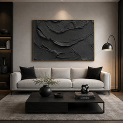 Black Textured Abstract Wall Art – Modern Minimalist Impasto Canvas Painting for Living Room Decor #OA 0804