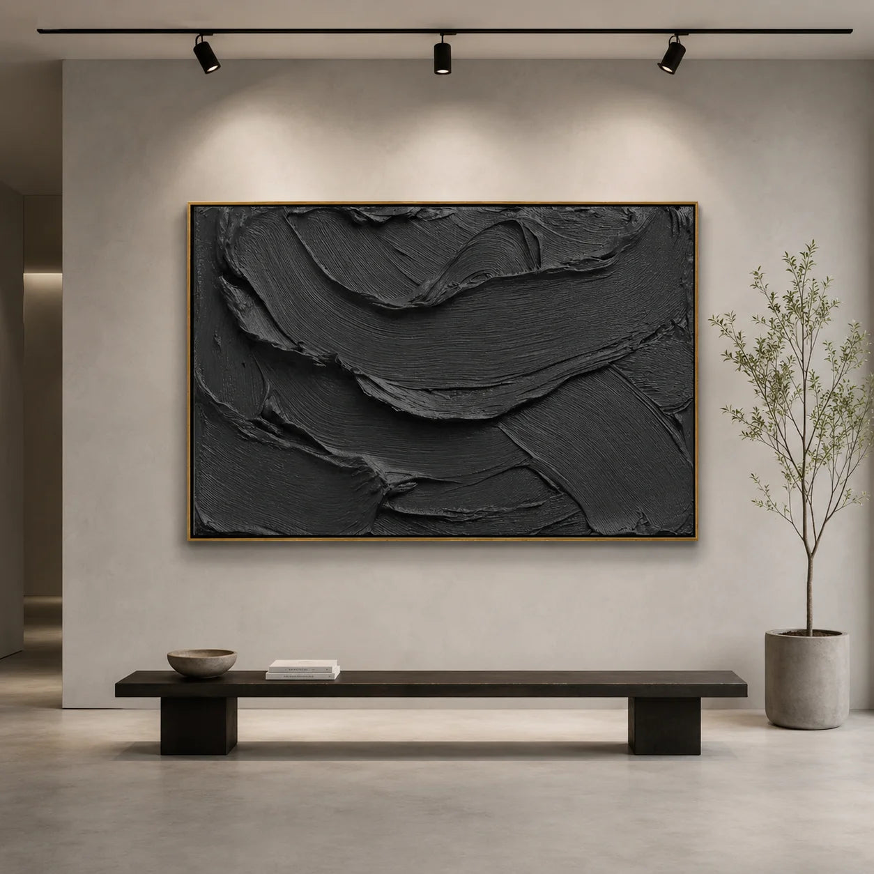 Black Textured Abstract Wall Art – Modern Minimalist Impasto Canvas Painting for Living Room Decor #OA 0804