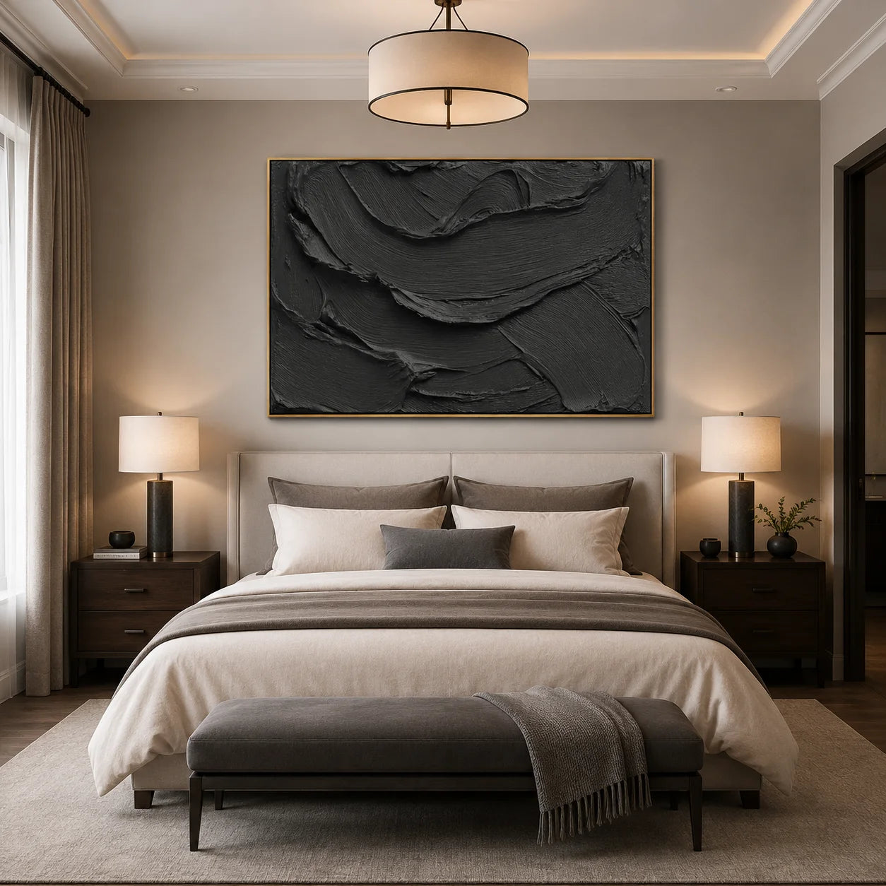 Black Textured Abstract Wall Art – Modern Minimalist Impasto Canvas Painting for Living Room Decor #OA 0804